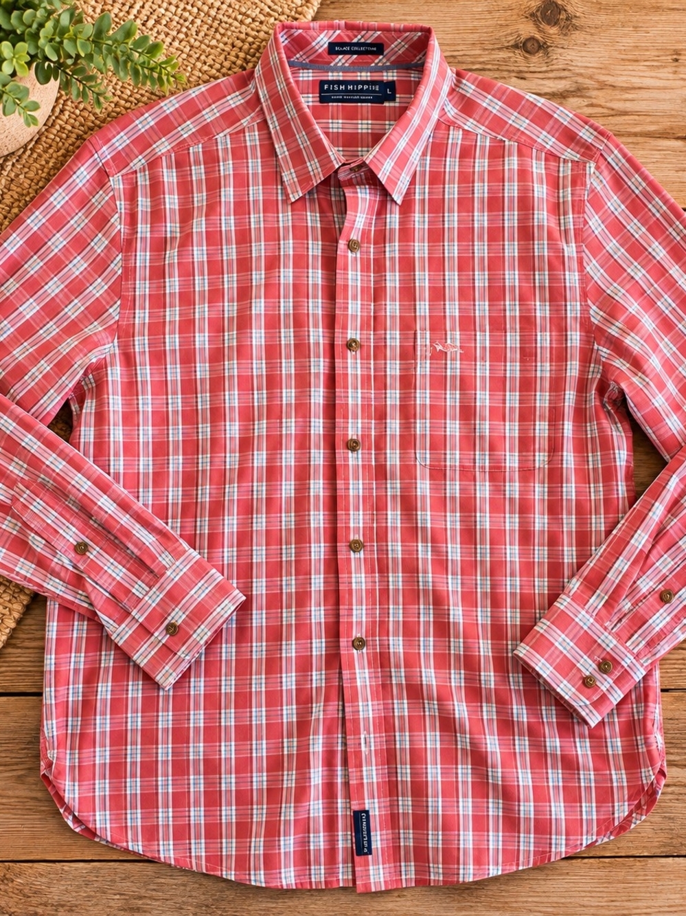 Fish HIPPIE Men's Coral Plaid Button-Down Shirt SZ LARGE PREPPY
